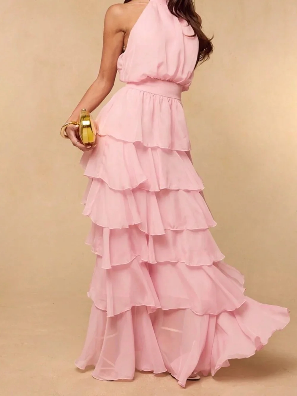 Pink Party Women's Multi-Layer Ruffle Neck Long Dress - Picture 4 of 6